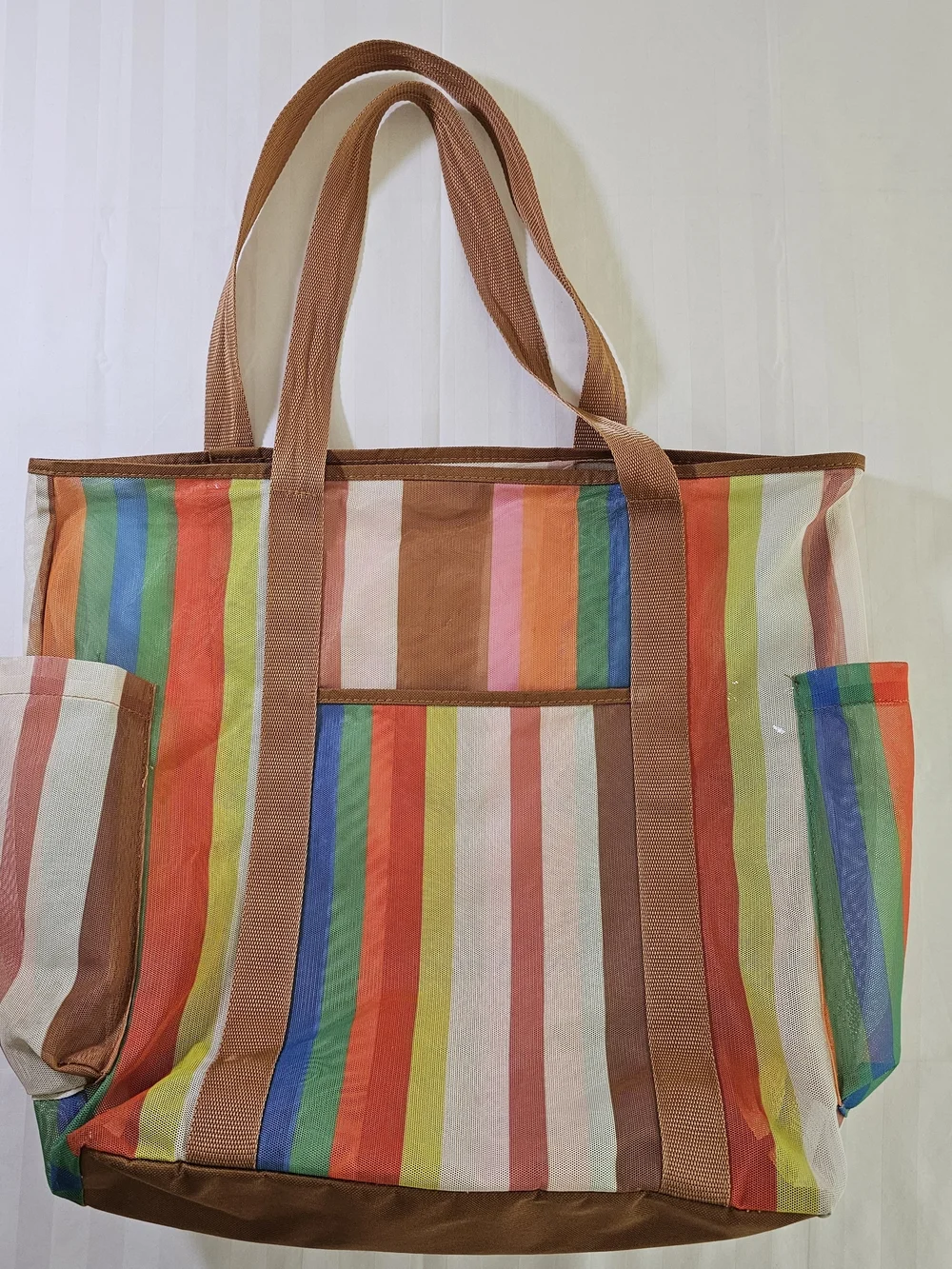 Striped Multicolor Beach Tote Bag with Brown Straps